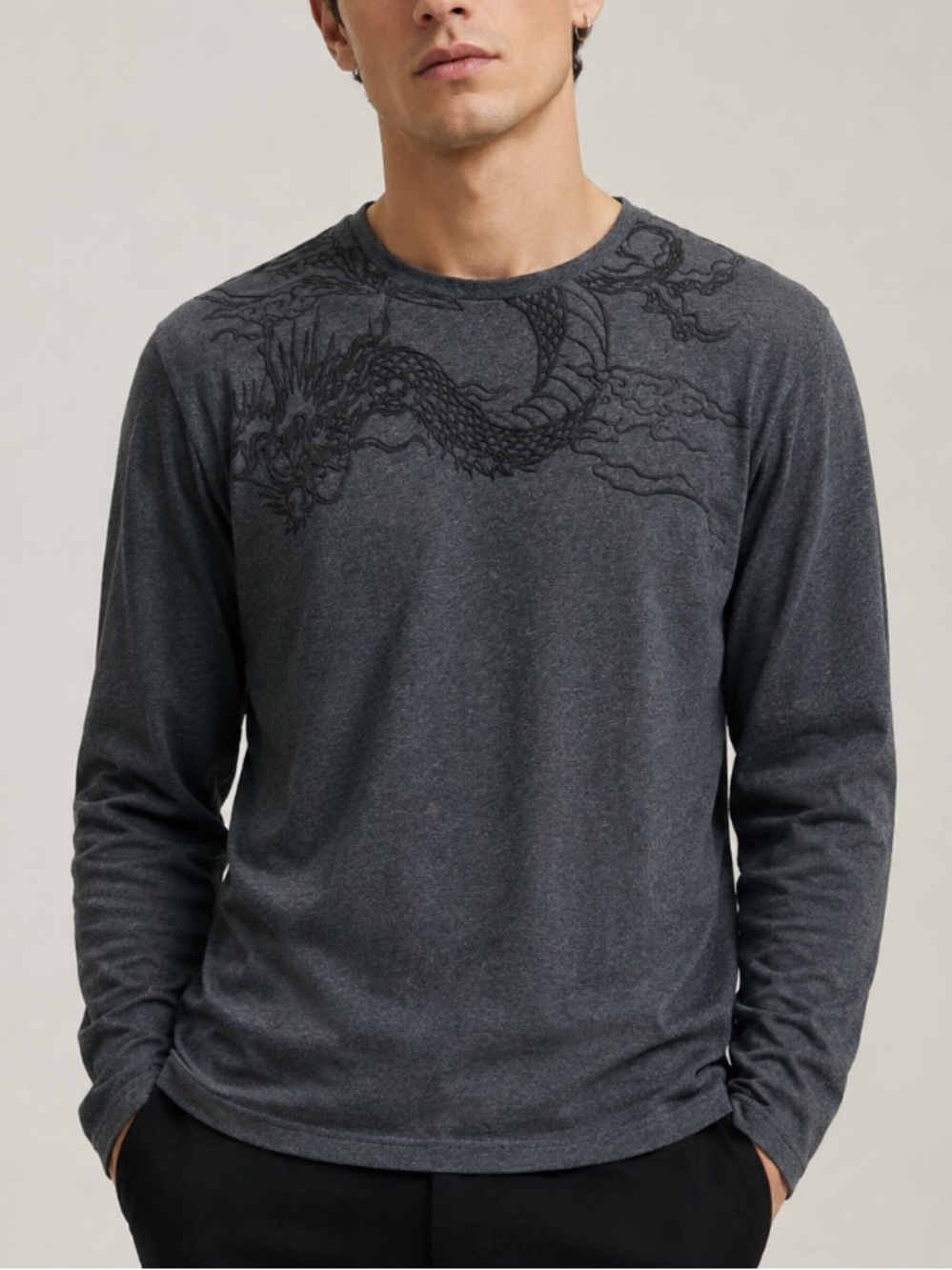 The Kooples Charcoal Gray Embroidered Dragon Long Sleeve Tee Shirt Large